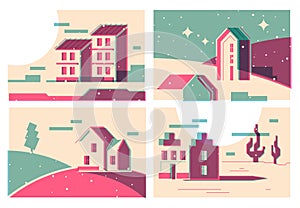 Minimal house landscape. Riso print of cozy countryside with minimal abstract rural scenery. Country cottage color