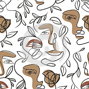 Minimal human face drawing, scribbles, leaves, blob abstract seamless pattern