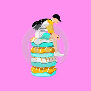 minimal illustration. Man donuts lover concept