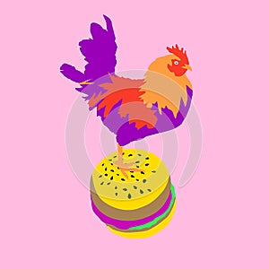 minimal illustration. Rooster and burger, Junk food concet