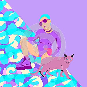 Minimal illustration. Stylish alternative girl and cat