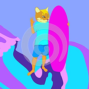 minimal illustration. Surf Cat aloha ocean vibes