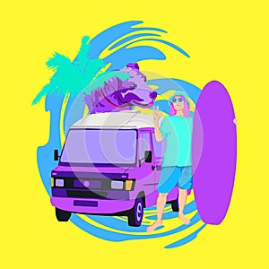 minimal illustration. Surf girl, vintage car in tropical location. aloha vibes