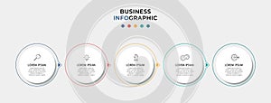 Minimal Infographic circle label design business vector template with icons and 5 options or steps