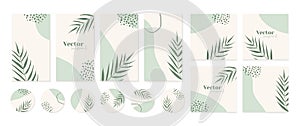 Minimal instagram post, stories templates, highlights icons in green colors. Abstract organic shapes floral background