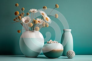 Minimal interion design with ceramic vase and dry flowers on turquoise wall, Generative AI