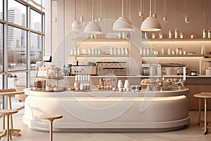 Minimal interior design coffee cafe bar shop with beige cozy tone style and with glossy ivory white round corner counter, coffee