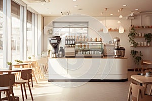 Minimal interior design coffee cafe bar shop with beige cozy tone style and with glossy ivory white round corner counter, coffee