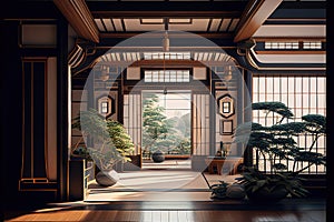 Minimal interior design in japanese style. Asian living room with open view to zen garden. Traditional asian architecture