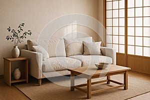 Minimal Japandi Living Room with natural oak and soft textures