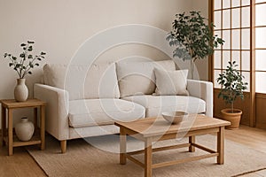 Minimal Japandi Living Room with natural oak and soft textures