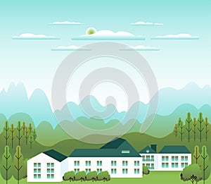 Minimal landscape village, mountains, hills, trees, forest. Rural valley scene. Farm countryside with house, building in flat