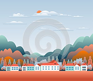 Minimal landscape village, mountains, hills, trees, forest. Rural valley scene. Farm countryside with house, building in flat