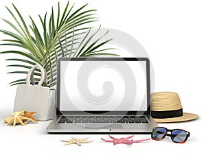 Minimal laptop with blank screen mockup, Empty screen for text, and logo replacement concept. Laptop with beach accessories