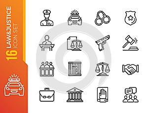 Minimal law justice line icon set