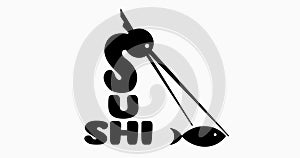 Minimal lettering animated sushi bar logo with chopsticks and fish