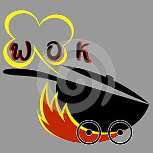 minimal lettering logo asian food delivery wok with fire