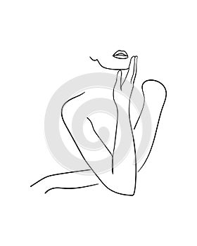 Minimal line art woman with hand on face. Black Lines Drawing.