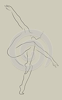 Minimal line shillouette of dancing woman in elegant jump when one knee reaches opposite shoulder, hands in T.