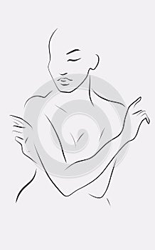Minimal line shillouette of dancing woman with intersected arms supporting her breast.