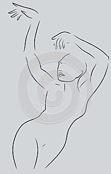 Minimal line shillouette of dancing woman leaning to the side with hands above.