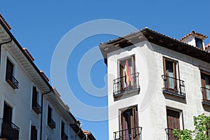 minimal lines of simple buildings structure in Madrid, Spain. Facade in 60s style