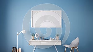 minimal living room blue color, A rectangle photo frame mockup wall hanging on the blue wall,chairs and a Table with