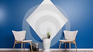minimal living room blue color, A triangle poster frame mockup wall hanging on the blue wall, Two chairs and a Table