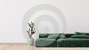 Minimal living room design, green sofa in empty modern background, panorama