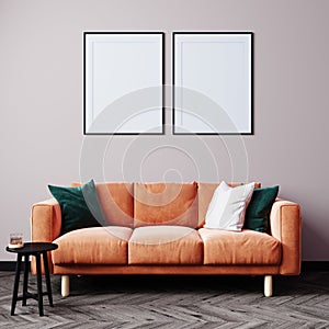 Minimal living room design, orange sofa in empty modern background, 3d render