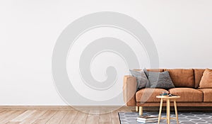 Minimal living room design, orange sofa in empty modern background, panorama