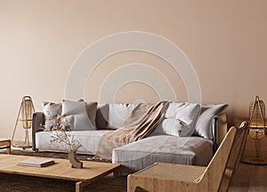 Minimal living room design, white sofa with wooden furniture in bright beige interior background