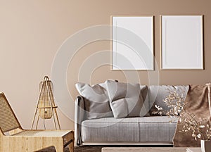 Minimal living room design, white sofa with wooden furniture in bright beige interior background