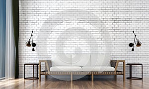 The minimal living room interior design and white brick wall pattern background