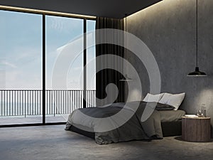 Minimal loft style bedroom with sea view background 3d render