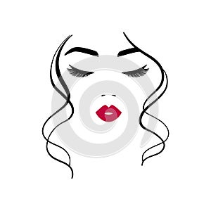 Minimal logo for beauty products. Line woman portrait with bright lips and curly hair