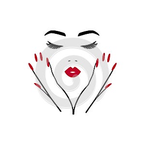 Minimal logo for a beauty salon, nail studio. Line woman portrait with hands. Bright lips and manicure