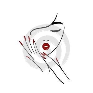 Minimal logo for a beauty salon, nail studio. Line woman portrait with hands. Red lips and manicure