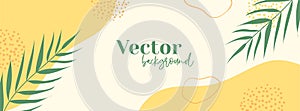 Minimal long vector banner. Abstract organic floral summer background with palm leaves and copy space for text