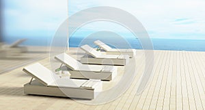 Minimal Luxury beach house with sea view on terrace modern design, Sunbed Lounge chairs on deck at vacation home or hotel . 3d