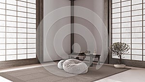 Minimal meditation room in white and beige tones, Capet, table with Mala and bonsai. Dark wooden beams and paper doors. Japandi