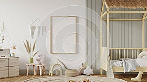 Minimal mock up frame in children room with natural wooden furniture, interior. Generative Ai