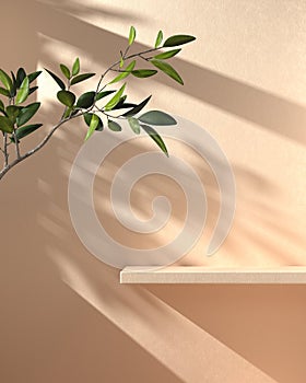 Minimal Mockup Shelf Display With Sunshade Branch Shadow On Beige Concrete Wall Abstract Background 3d Render