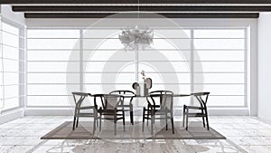 Minimal modern dark wooden dining room with table and chairs in white and beige tones. Limestone marble floor and beams ceiling.