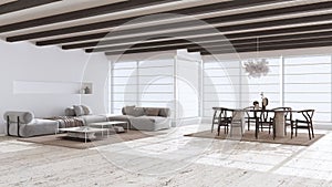 Minimal modern dark wooden living and dining room with sofa and table in white and beige tones. Limestone marble floor and beams