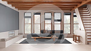 Minimal modern living room in white and gray tones with resin floor. Sofa with coffee table and staircase. Wooden beams ceiling.