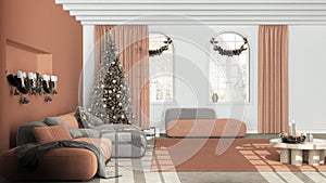 Minimal modern living room in white and orange tones with parquet and vaulted ceiling, Velvet sofa and carpet. Christmas tree and