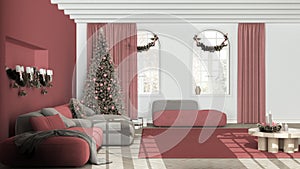 Minimal modern living room in white and red tones with parquet and vaulted ceiling, Velvet sofa and carpet. Christmas tree and