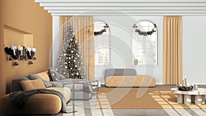 Minimal modern living room in white and yellow tones with parquet and vaulted ceiling, Velvet sofa and carpet. Christmas tree and