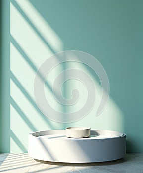 Minimal modern white round stone podium in sunlight window grilles shadow on pastel turquoise blue green wall for luxury cosmetic
